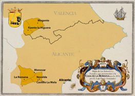 Mapa de los Señoríos y Estados que pertenecían a la Casa de la Romana en el s. XVI