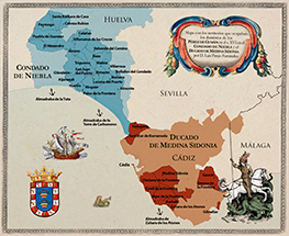 Mapa de los territorios que ocupaban los dominios de los Pérez de Guzmán en el s.XVI en el condado de Niebla y el ducado de Medina Sidonia
